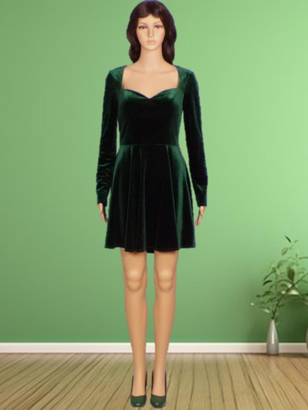 B. DARLIN size 7/8 emerald-green velvet long-sleeve fit/flare dress poly/span